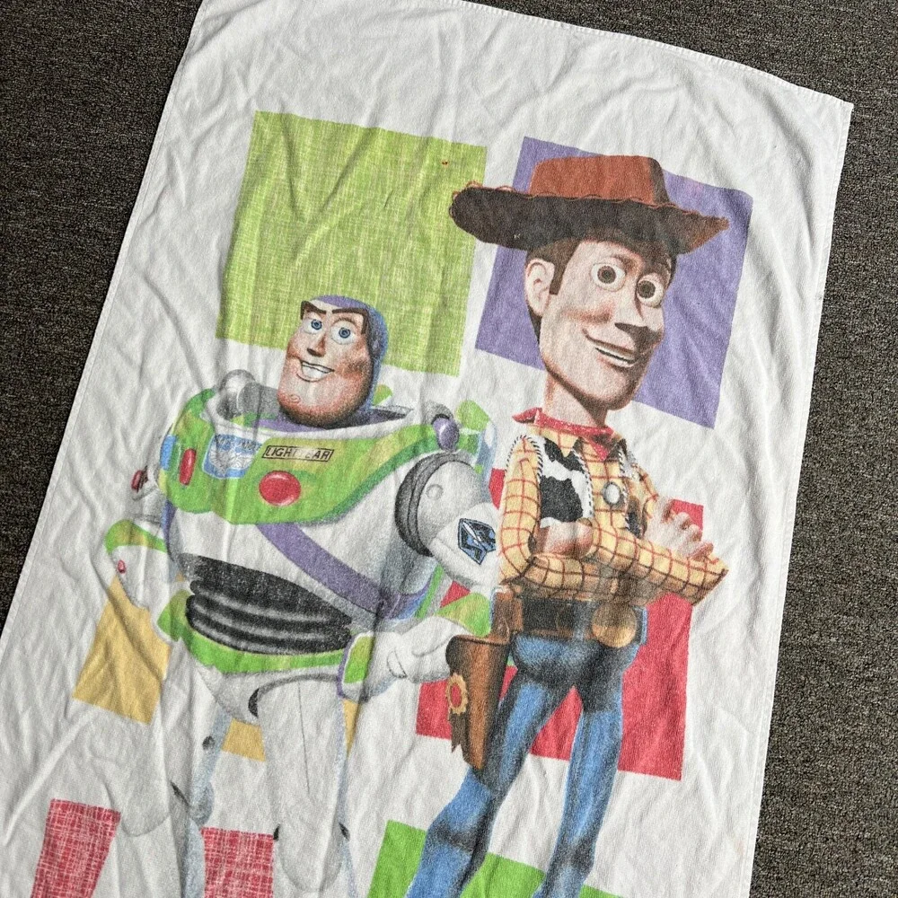 Vintage Disney Pixar Toy Story Beach Towel White Cartoon Anime AOP Buzz Tapestry